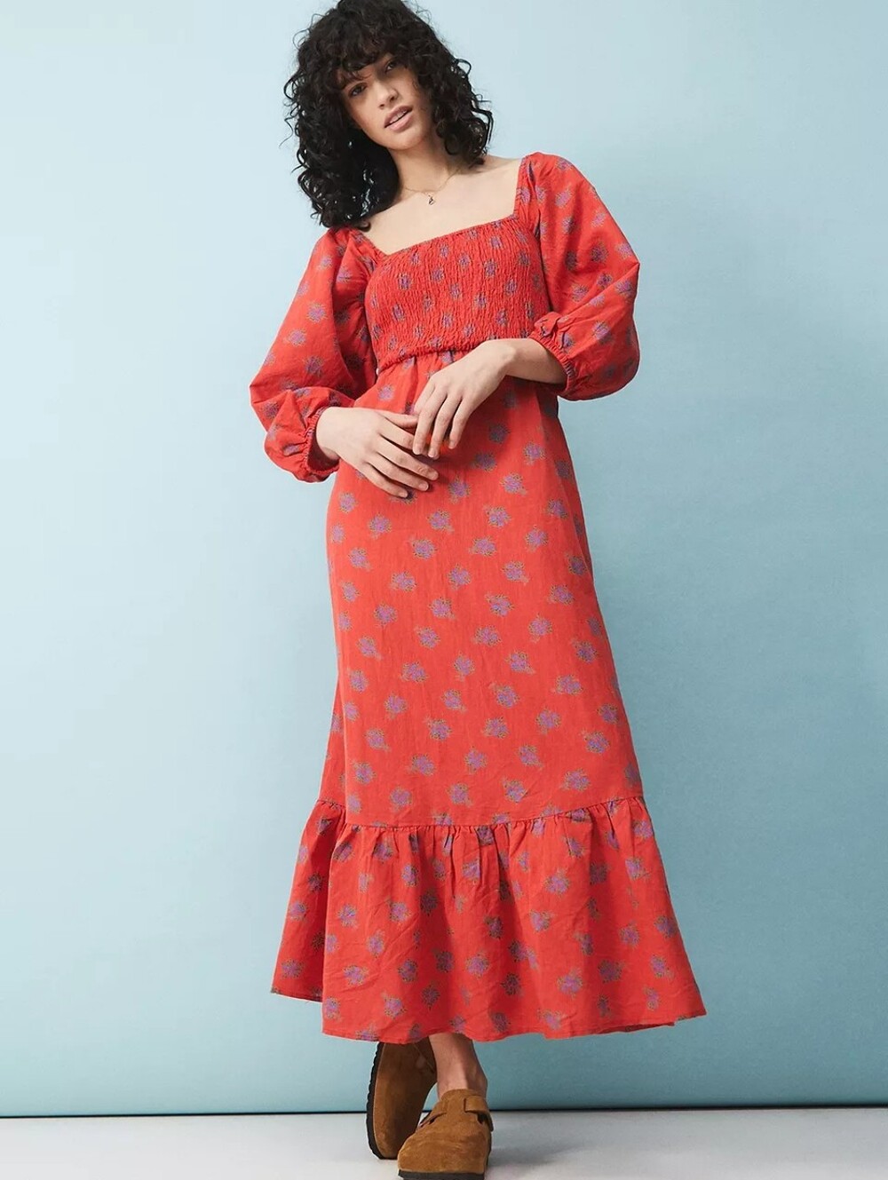 Red Floral Cotton Linen Dress S